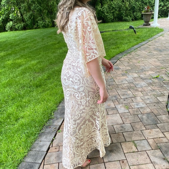 JS Collections Beige Lace Maxi Dress with Ivory Overlay